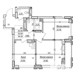 2-к квартира, строящийся дом, 53м2, 22/29 этаж