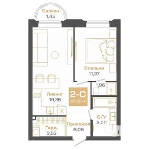 2-к квартира, строящийся дом, 47м2, 17/24 этаж