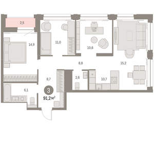 3-к квартира, вторичка, 91м2, 25/30 этаж