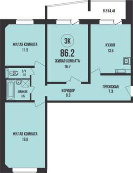 3-к квартира, вторичка, 86м2, 13/13 этаж