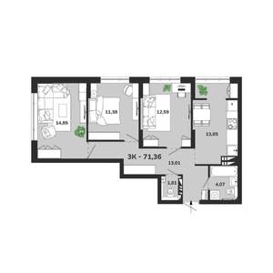 3-к квартира, вторичка, 71м2, 3/19 этаж