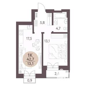 1-к квартира, строящийся дом, 43м2, 2/9 этаж