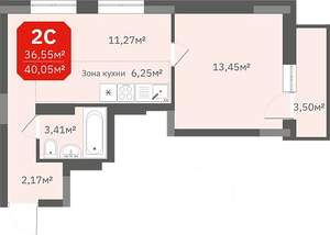1-к квартира, строящийся дом, 40м2, 6/17 этаж