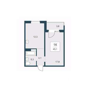 1-к квартира, вторичка, 43м2, 5/17 этаж