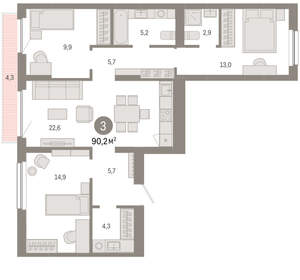 3-к квартира, вторичка, 90м2, 5/12 этаж