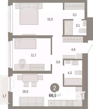 2-к квартира, вторичка, 67м2, 11/23 этаж