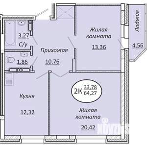 2-к квартира, строящийся дом, 64м2, 22/25 этаж