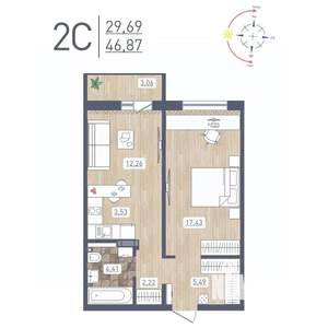 2-к квартира, строящийся дом, 47м2, 3/17 этаж
