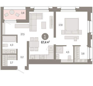 1-к квартира, вторичка, 67м2, 8/17 этаж