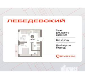 1-к квартира, вторичка, 34м2, 9/12 этаж