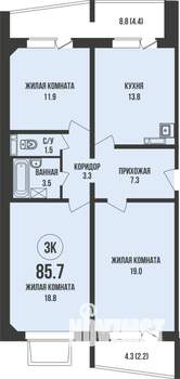 3-к квартира, вторичка, 86м2, 1/13 этаж