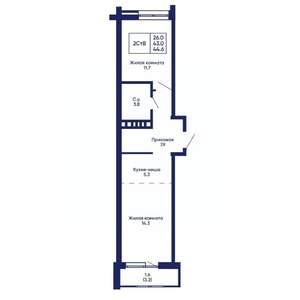 2-к квартира, вторичка, 45м2, 11/14 этаж