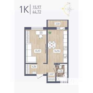 1-к квартира, строящийся дом, 45м2, 5/17 этаж