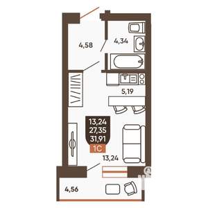 1-к квартира, вторичка, 32м2, 9/19 этаж