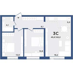 3-к квартира, вторичка, 62м2, 3/9 этаж