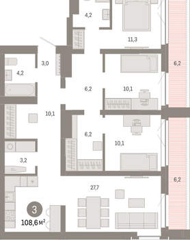 3-к квартира, вторичка, 109м2, 7/23 этаж