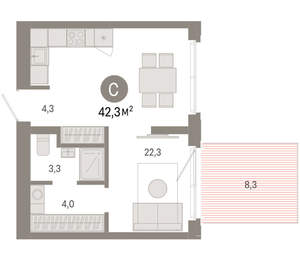 Студия квартира, вторичка, 42м2, 1/15 этаж
