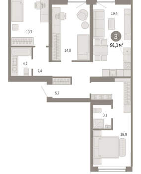3-к квартира, вторичка, 91м2, 6/15 этаж