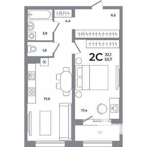 2-к квартира, вторичка, 54м2, 2/17 этаж