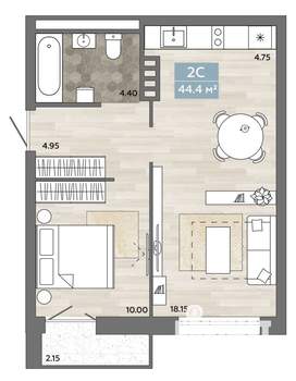 2-к квартира, строящийся дом, 44м2, 19/20 этаж