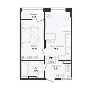 2-к квартира, строящийся дом, 39м2, 6/9 этаж
