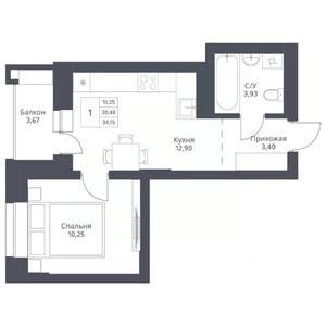 1-к квартира, вторичка, 34м2, 19/24 этаж
