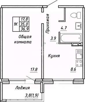 1-к квартира, вторичка, 37м2, 4/17 этаж