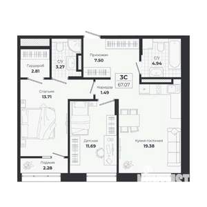 3-к квартира, строящийся дом, 65м2, 7/9 этаж