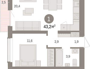 1-к квартира, вторичка, 43м2, 13/15 этаж