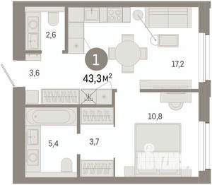 1-к квартира, вторичка, 43м2, 7/9 этаж