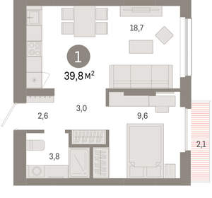 1-к квартира, вторичка, 40м2, 2/12 этаж