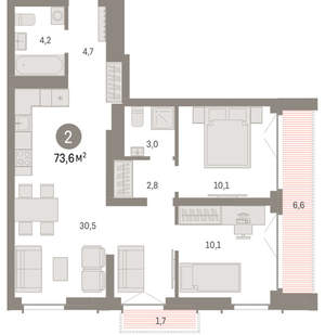 2-к квартира, вторичка, 74м2, 18/23 этаж