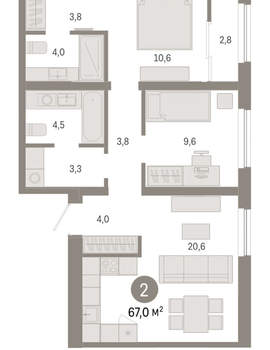 2-к квартира, вторичка, 67м2, 7/15 этаж