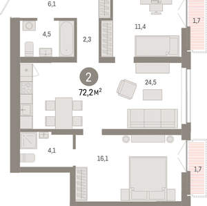 2-к квартира, вторичка, 72м2, 9/23 этаж