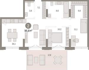 2-к квартира, вторичка, 96м2, 1/17 этаж