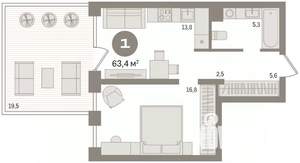 1-к квартира, вторичка, 63м2, 3/17 этаж