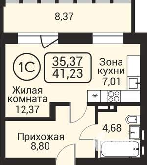 1-к квартира, строящийся дом, 35м2, 3/24 этаж