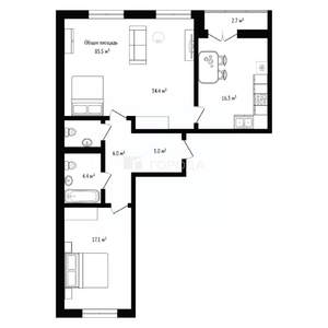 3-к квартира, сданный дом, 86м2, 2/24 этаж