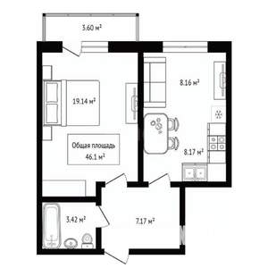 2-к квартира, вторичка, 46м2, 6/15 этаж