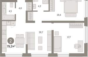 2-к квартира, вторичка, 79м2, 1/15 этаж