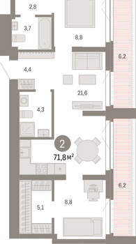 2-к квартира, вторичка, 72м2, 7/23 этаж