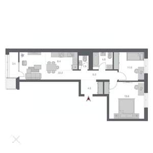 3-к квартира, строящийся дом, 74м2, 7/24 этаж