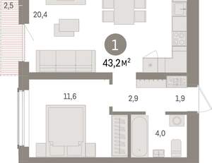 1-к квартира, вторичка, 43м2, 11/15 этаж