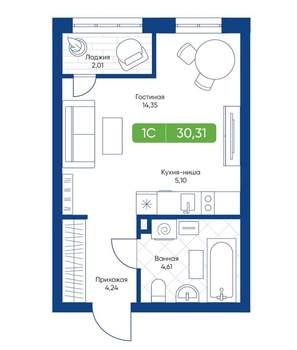1-к квартира, вторичка, 30м2, 12/22 этаж