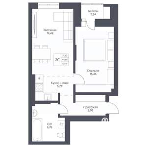 2-к квартира, вторичка, 52м2, 20/24 этаж