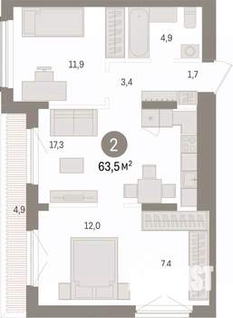 2-к квартира, вторичка, 63м2, 8/9 этаж