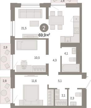 2-к квартира, вторичка, 70м2, 14/17 этаж