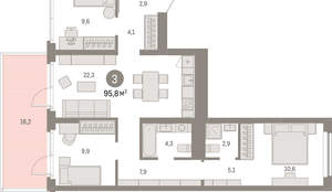 3-к квартира, вторичка, 96м2, 2/12 этаж