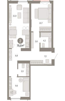 2-к квартира, вторичка, 75м2, 2/23 этаж