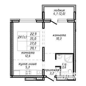 2-к квартира, строящийся дом, 37м2, 16/17 этаж